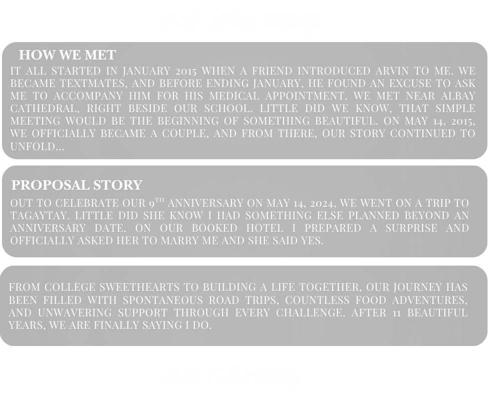 Our love story: how we met, our proposal story, and how our journey continues. Our gallery.
